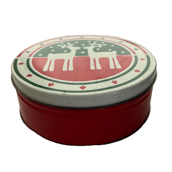 2 Vintage Christmas Cookie Tins Round Reindeer Wreath Red Green Cream 2 3/4 Tall - Picture 4 of 11